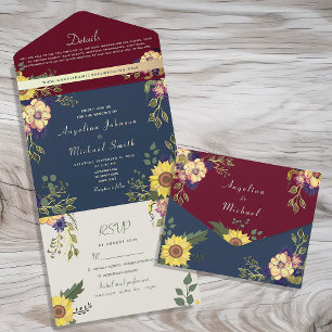Navy und Burgund Landhochzeit Blumenhochzeit All In One Einladung