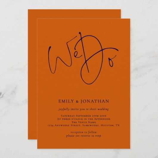 Navy und Burnt Orange Script wir machen QR Code Ho Einladung (Vorne/Hinten)