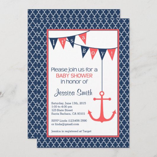 Navy und Coral Baby Shower Einladung Nautic (Vorne/Hinten)