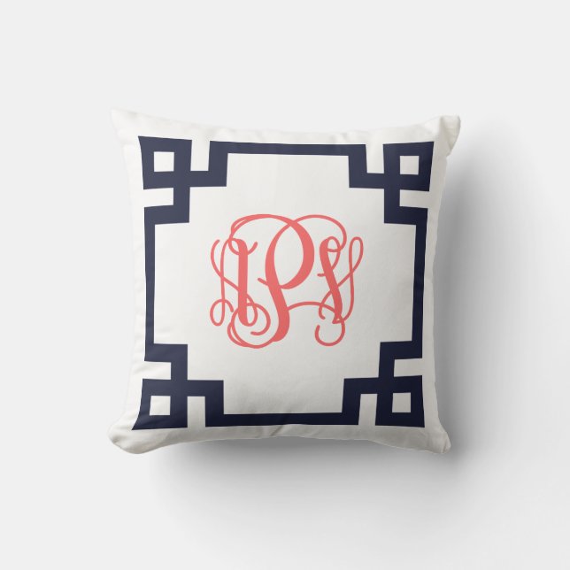 Navy und Coral Griechisch Key Script Monogram APV Kissen (Vorderseite)