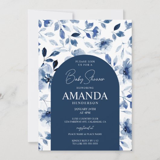 Navy und Dusty Blue Boy Floral Baby Dusche Einladung (Vorderseite)