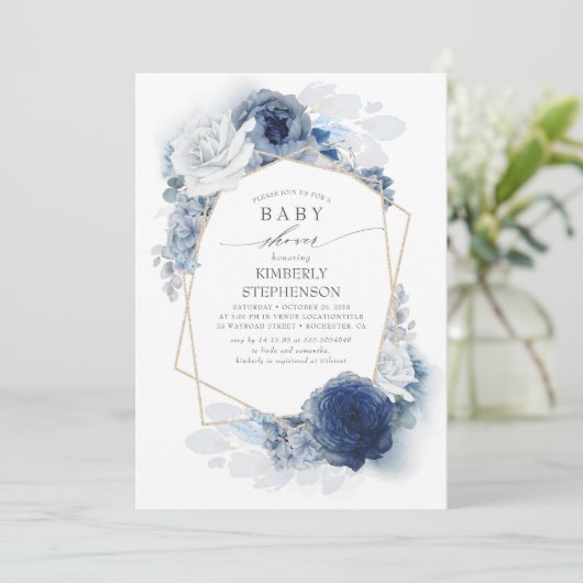 Navy und Dusty Blue Floral Moderne Babydusche Einladung (Stehend Vorderseite)