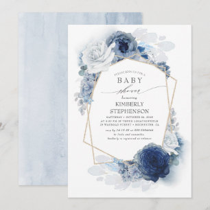 Navy und Dusty Blue Floral Moderne Babydusche Einladung