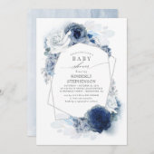 Navy und Dusty Blue Floral Moderne Babydusche Einladung (Vorne/Hinten)