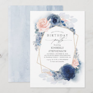 Navy und Dusty Pink Floral Modern Birthday Party Einladung