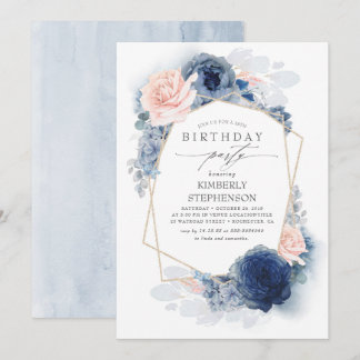 Navy und Dusty Pink Floral Modern Birthday Party Einladung