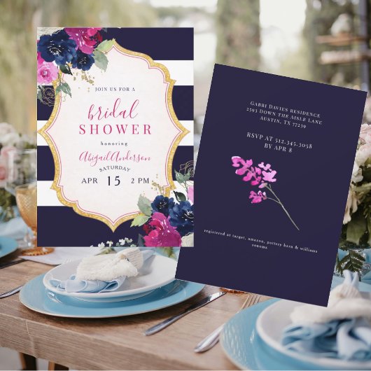 Navy- und Fuchsien-Blumen-Brautparty Einladung
