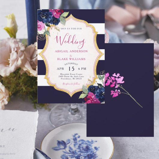 Navy- und Fuchsien-Hochzeit Einladung
