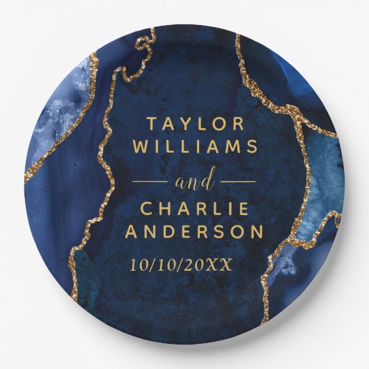 Navy und Gold Achat-Marmor-Hochzeit Pappteller (Vorderseite)
