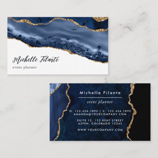 Navy und Gold Agate Business Card Visitenkarte (Vorne/Hinten)