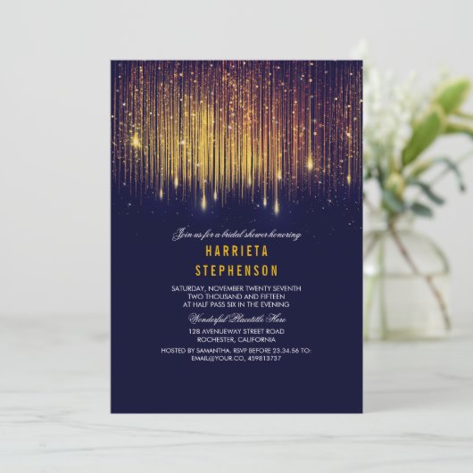 Navy und Gold Brautparty String Lights Einladung (Stehend Vorderseite)