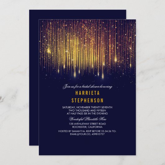 Navy und Gold Brautparty String Lights Einladung (Vorne/Hinten)