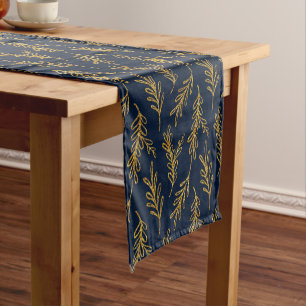 Navy und Gold Floral Sprig Kurzer Tischläufer