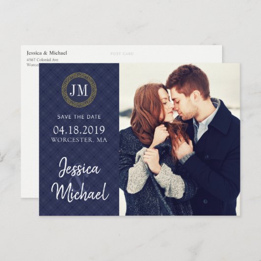 Navy- und Gold-Foto Save the Date - Individuelle V Ankündigungspostkarte (Vorne/Hinten)