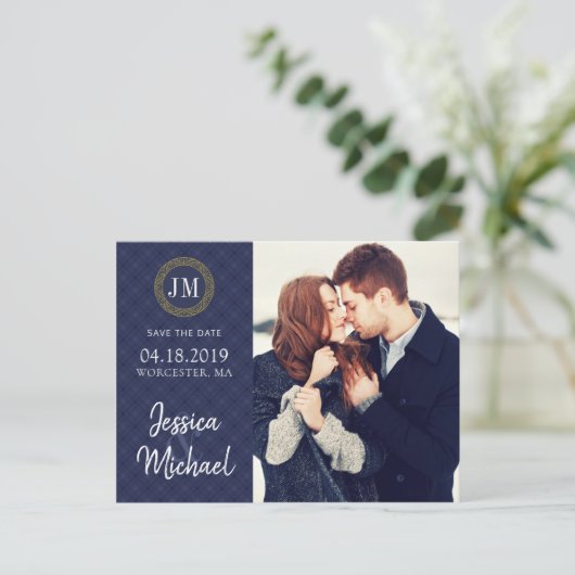 Navy- und Gold-Foto Save the Date - Individuelle V Ankündigungspostkarte (Stehend Vorderseite)