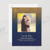 Navy und Gold Glitzer Foto Save the Date Ankündigungspostkarte (Vorne/Hinten)