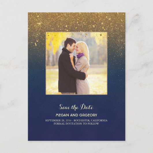Navy und Gold Glitzer Foto Save the Date Ankündigungspostkarte (Vorderseite)