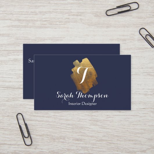 Navy und Gold Monogram Business Card Visitenkarte (Vorderseite/Rückseite Beispiel)