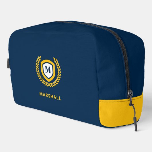 Navy und Gold Monogram Logo Wappen Waschbeutel (Rechte Ecke)