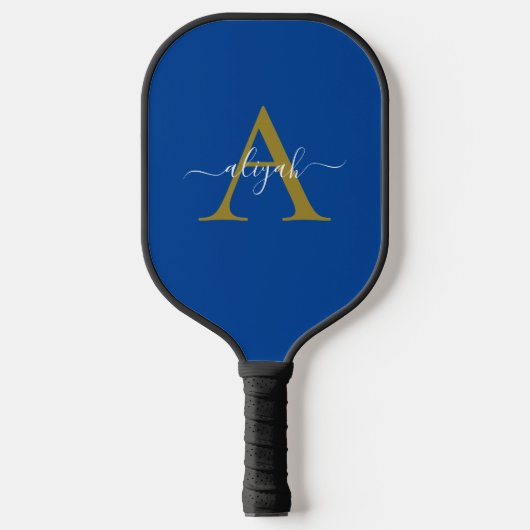 Navy und Gold Monogram Script Name Custom Pickleball Schläger (Vorderseite)