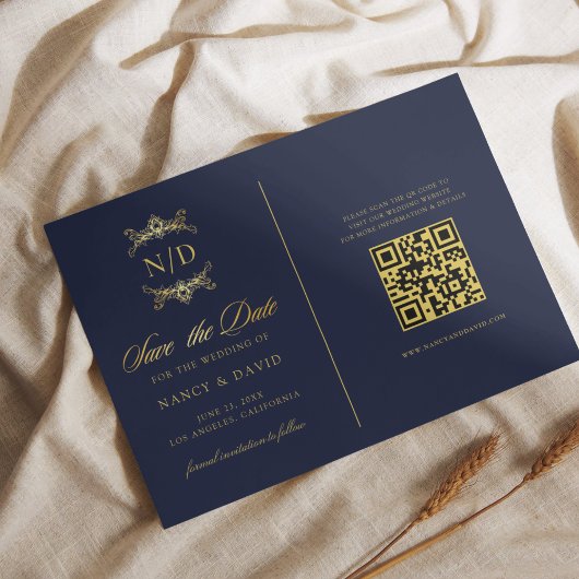 Navy- und Gold-Monogramm-QR-Code-Hochzeit Save The Date