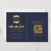 Navy- und Gold-Monogramm-QR-Code-Hochzeit Save The Date (Vorderseite)