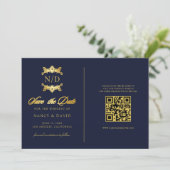 Navy- und Gold-Monogramm-QR-Code-Hochzeit Save The Date (Stehend Vorderseite)