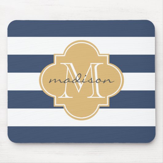 Navy und Gold Nautic Stripes Custom Monogram Mousepad (Vorne)
