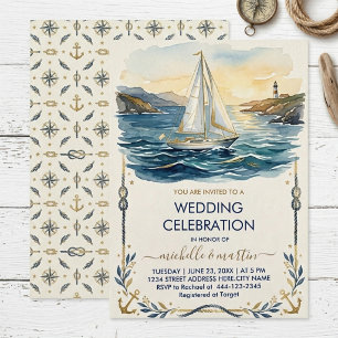 Navy- und Gold-nautische Hochzeit Segelboot-Hoch Einladung