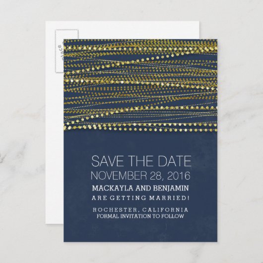 Navy und Gold Save the Date Ankündigungspostkarte (Vorne/Hinten)