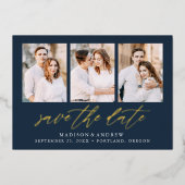 Navy und Gold Script 3 Foto Save the Date Folieneinladung (Vorderseite)