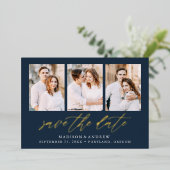 Navy und Gold Script 3 Foto Save the Date Folieneinladung (Stehend vorne)