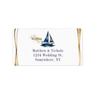 Navy- und Gold-Seegelboot Goldrahmen-Hochzeit Adressaufkleber