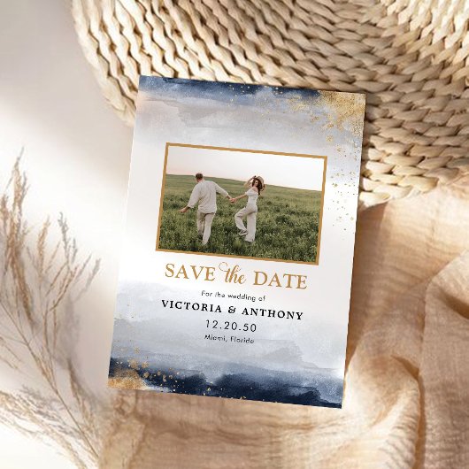 Navy und Gold speichern das Datum mit Fotokarte Save The Date