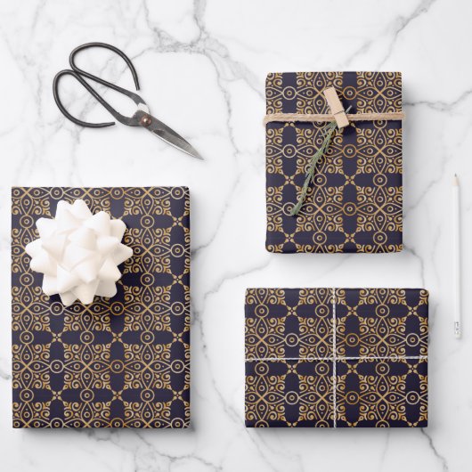 Navy und Gold Square Mandala Geschenkpapier Set (Vorderseite)