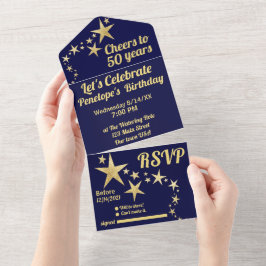 Navy und Gold Stars jubeln bis 50 Jahre Geburtstag All In One Einladung