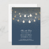 Navy und Gold String Lights Save the Date Ankündigungspostkarte (Vorne/Hinten)