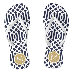 Navy und Gold Trellis Monogram Badesandalen