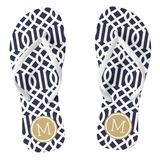 Navy und Gold Trellis Monogram Badesandalen (Fußbett)