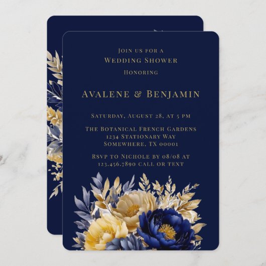 Navy und Gold Watercolor Peak Polterabend Einladung (Vorne/Hinten)