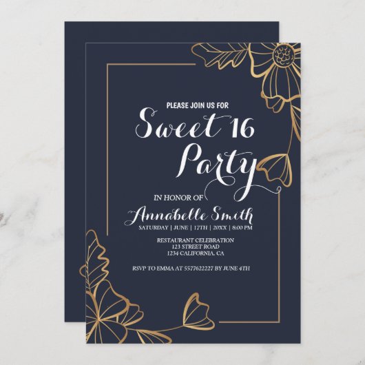 Navy und goldblütig 16 einladung (Vorne/Hinten)