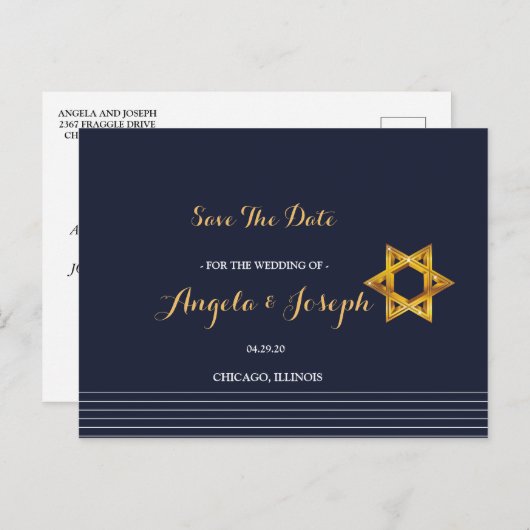 Navy und Golden Star von David Save the Date Postkarte (Vorne/Hinten)