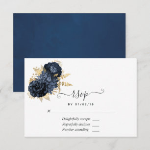 Navy- und Goldfarbene Vintage-Shabby-Rosen RSVP Karte