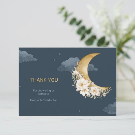 Navy und Goldfolie über der Mond Babydusche Dankeskarte (Stehend Vorderseite)