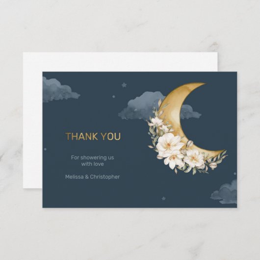 Navy und Goldfolie über der Mond Babydusche Dankeskarte (Vorne/Hinten)