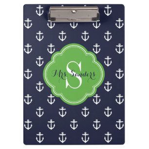 Navy und Green Anchors Custom Monogram Klemmbrett