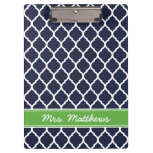 Navy und Green Quatrefoil Custom Monogram Klemmbrett