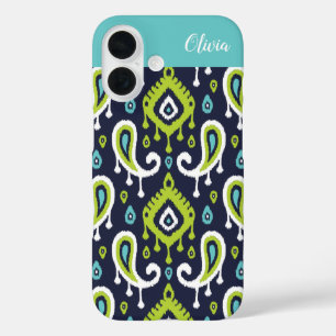 Navy- und Grün Ikat Paisley Monogramm iPhone 16 Hülle