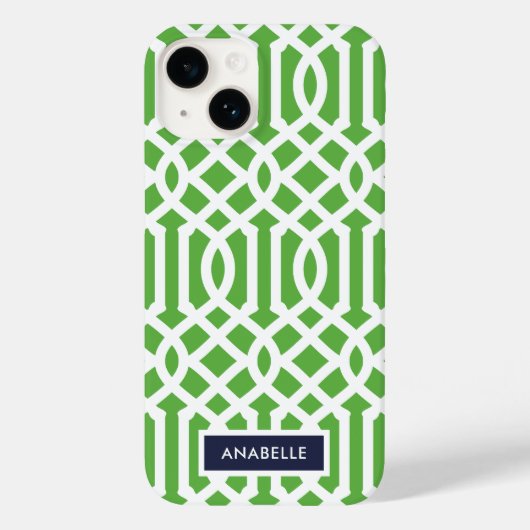 Navy- und Grün-Trellis-Monogramm Case-Mate iPhone Hülle (Rückseite)