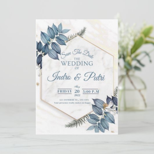 Navy und hellblaue Aquarellblüten in einem Einladung (Stehend Vorderseite)